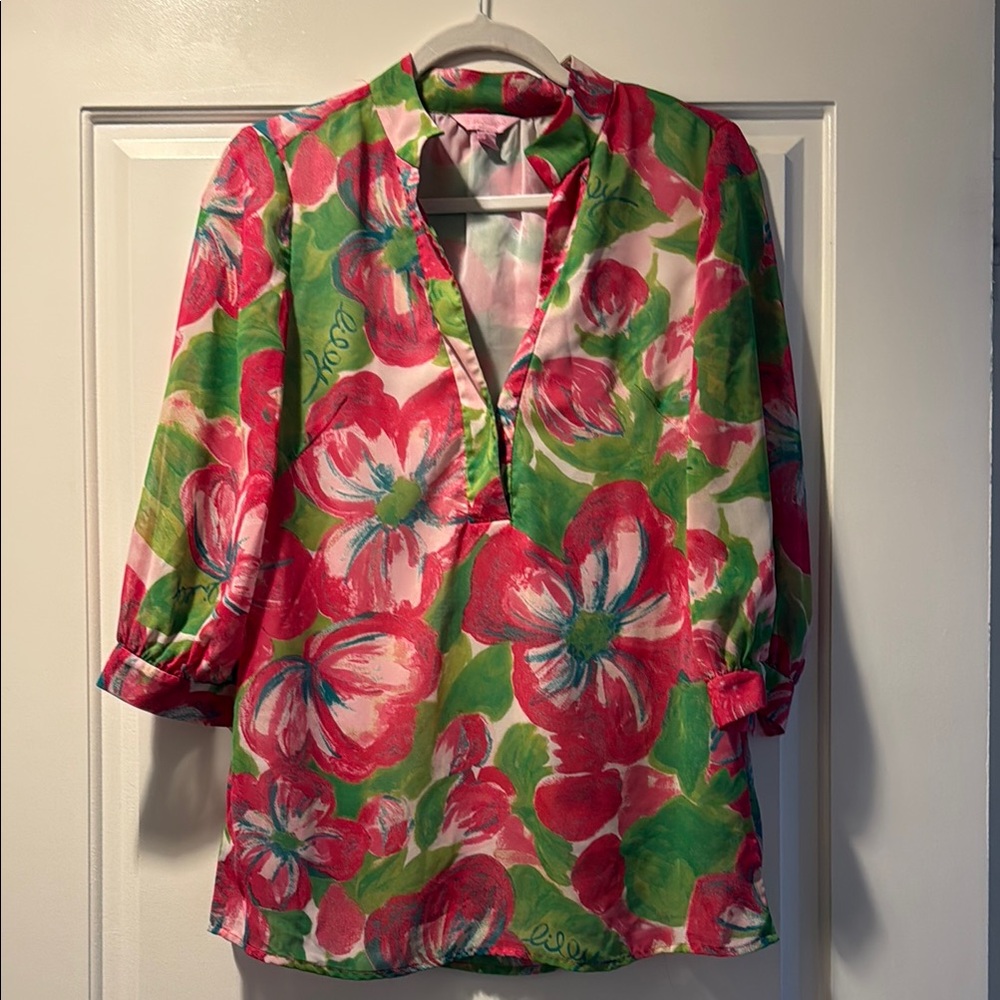 Lilly Pulitzer Pink and Green Tunic Blouse with Mandarin Collar
